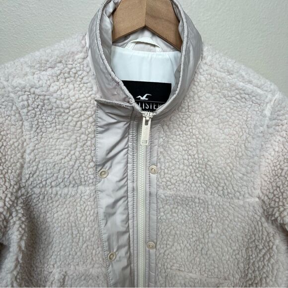 Hollister Cream Sherpa Bomber Jacket Full Zip with Snaps Size XS Off White - Picture 11 of 11